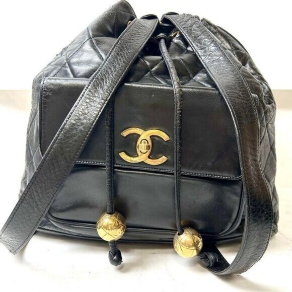 RARE CHANEL Vintage CC Lambskin Leather Backpack Shoulder Bag Black